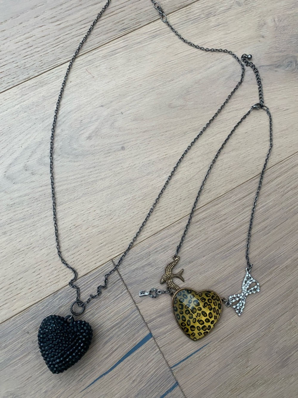 Heart Pendant Necklace Trio - Black Beaded, Leopard Print & Crystal Bow